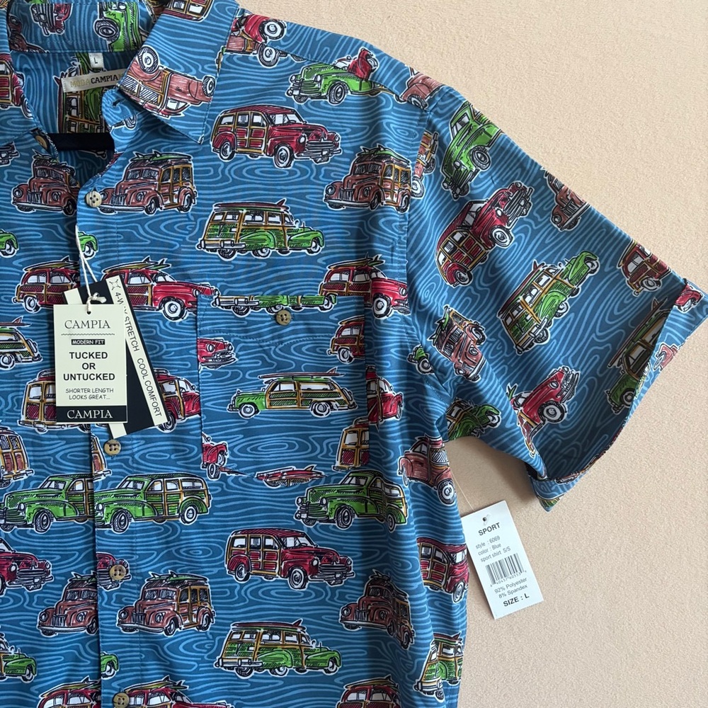 Campia Moda Men’s NEWShort Sleeve Button-Up Shirt Blue Retro Car Print Size L - Picture 3 of 14